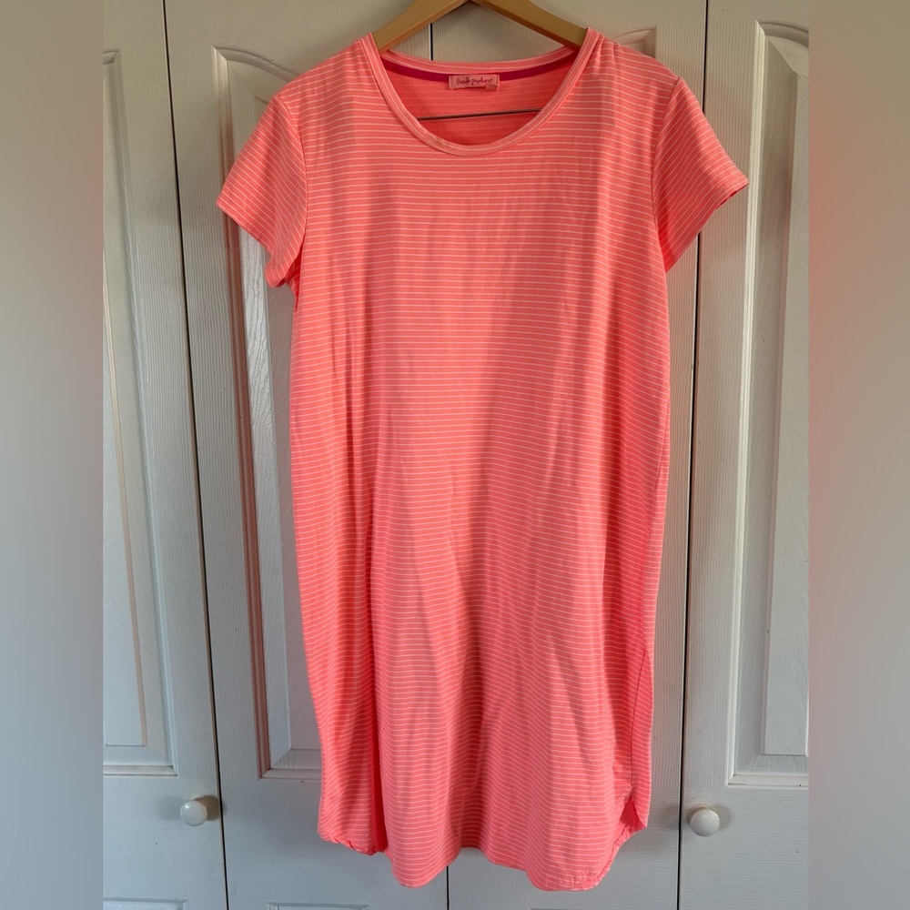 Fresh Produce Pink/coral  Striped Short Sleeve Dress Woman’s Size M Style 22691